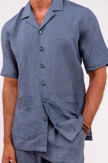 Shop Madhav Agasti Blue Linen Half Sleeve Shirt And Pant Co-ord Set Online at Aza Fashions Shop_Madhav Agasti_Blue Linen Half Sleeve Shirt And Pant Co-ord Set _Online_at_Aza_Fashions