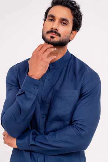 Shop Madhav Agasti Navy Linen Full Sleeve Shirt And Pant Co-ord Set Online at Aza Fashions Shop_Madhav Agasti_Navy Linen Full Sleeve Shirt And Pant Co-ord Set _Online_at_Aza_Fashions