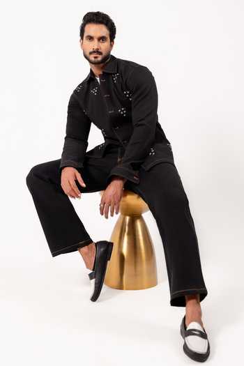 Madhav Agasti Black Denim Topstitch Shacket And Trouser Set Online at Aza Fashions Madhav Agasti_Black Denim Topstitch Shacket And Trouser Set _Online_at_Aza_Fashions