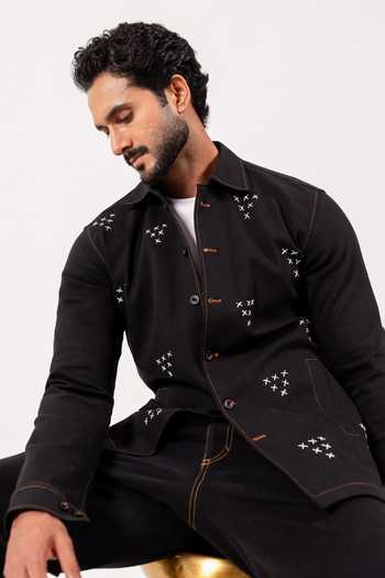 Shop Madhav Agasti Black Denim Topstitch Shacket And Trouser Set Online at Aza Fashions Shop_Madhav Agasti_Black Denim Topstitch Shacket And Trouser Set _Online_at_Aza_Fashions