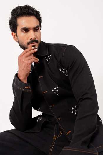 Madhav Agasti Black Denim Topstitch Shacket And Trouser Set at Aza Fashions Madhav Agasti_Black Denim Topstitch Shacket And Trouser Set _at_Aza_Fashions