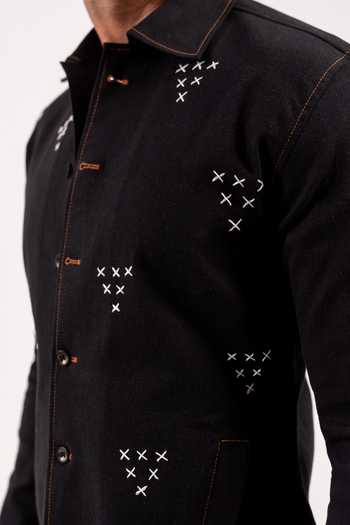 Buy Madhav Agasti Black Denim Topstitch Shacket And Trouser Set Buy_Madhav Agasti_Black Denim Topstitch Shacket And Trouser Set