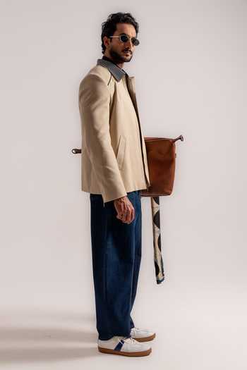 Madhav Agasti_Beige Handloom Cotton Bomber Jacket With Denim Pant _Online_at_Aza_Fashions