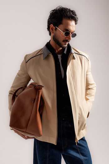 Buy_Madhav Agasti_Beige Handloom Cotton Bomber Jacket With Denim Pant _Online_at_Aza_Fashions