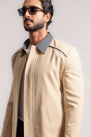 Madhav Agasti_Beige Handloom Cotton Bomber Jacket With Denim Pant _at_Aza_Fashions