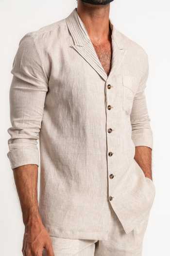 Madhav Agasti Off White Linen Pleated Collar Shirt And Pant Co-ord Set Online at Aza Fashions Madhav Agasti_Off White Linen Pleated Collar Shirt And Pant Co-ord Set _Online_at_Aza_Fashions