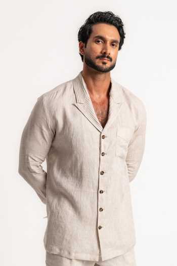 Shop Madhav Agasti Off White Linen Pleated Collar Shirt And Pant Co-ord Set Online at Aza Fashions Shop_Madhav Agasti_Off White Linen Pleated Collar Shirt And Pant Co-ord Set _Online_at_Aza_Fashions