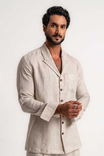 Madhav Agasti Off White Linen Pleated Collar Shirt And Pant Co-ord Set at Aza Fashions Madhav Agasti_Off White Linen Pleated Collar Shirt And Pant Co-ord Set _at_Aza_Fashions