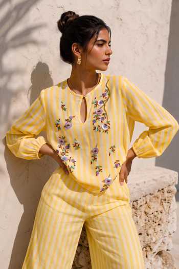 Nautanky_Yellow Crepe Keyhole Neck Soft Vector Striped Top And Pant Set _Online_at_Aza_Fashions