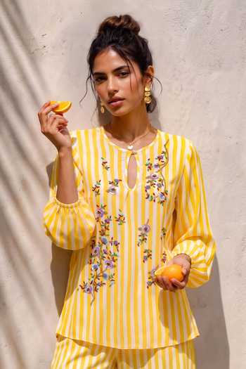 Buy_Nautanky_Yellow Crepe Keyhole Neck Soft Vector Striped Top And Pant Set _Online_at_Aza_Fashions
