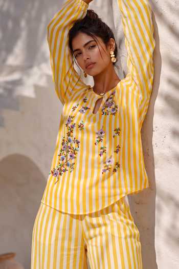 Shop_Nautanky_Yellow Crepe Keyhole Neck Soft Vector Striped Top And Pant Set _Online_at_Aza_Fashions