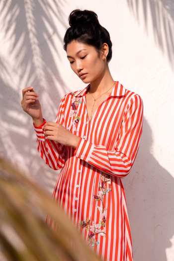 Nautanky_Multicolor Crepe Collared Neck Dice And Daisy Embroidered Striped Shirt Dress _Online_at_Aza_Fashions