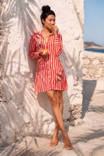 Nautanky Dice & Daisy Embroidered Striped Shirt Dress 