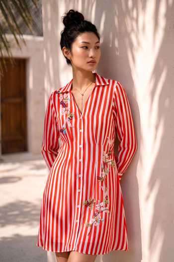 Shop_Nautanky_Multicolor Crepe Collared Neck Dice And Daisy Embroidered Striped Shirt Dress _Online_at_Aza_Fashions