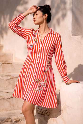 Nautanky_Multicolor Crepe Collared Neck Dice And Daisy Embroidered Striped Shirt Dress _at_Aza_Fashions