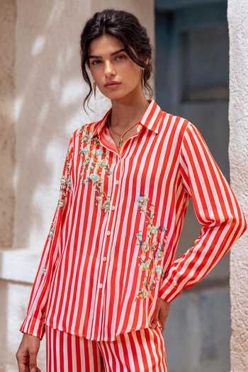 Nautanky White Crepe Collared Neck Ludo Lane Striped Shirt And Pant Set Online at Aza Fashions Nautanky_White Crepe Collared Neck Ludo Lane Striped Shirt And Pant Set _Online_at_Aza_Fashions