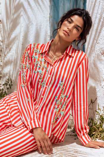 Nautanky White Crepe Collared Neck Ludo Lane Striped Shirt And Pant Set at Aza Fashions Nautanky_White Crepe Collared Neck Ludo Lane Striped Shirt And Pant Set _at_Aza_Fashions