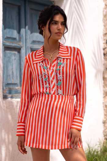 Nautanky_Multicolor Crepe Collared Neck Rainbow Roll Striped Shirt Dress _Online_at_Aza_Fashions