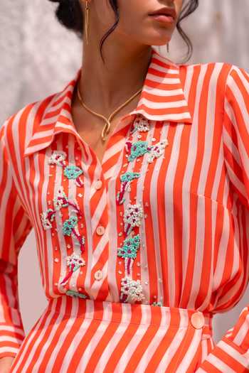Nautanky_Multicolor Crepe Collared Neck Rainbow Roll Striped Shirt Dress _at_Aza_Fashions
