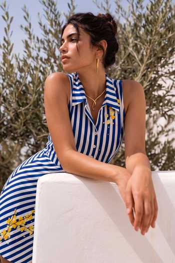 Nautanky_Blue Crepe Collared Neck Master Move Striped Playsuit _Online_at_Aza_Fashions