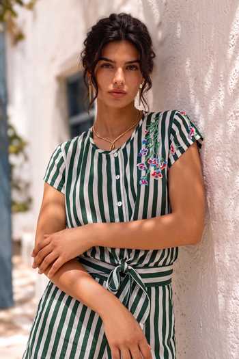 Buy Nautanky Green Crepe Round Neck Boardwalk Striped Shirt And Shorts Co-ord Set Online at Aza Fashions Buy_Nautanky_Green Crepe Round Neck Boardwalk Striped Shirt And Shorts Co-ord Set _Online_at_Aza_Fashions