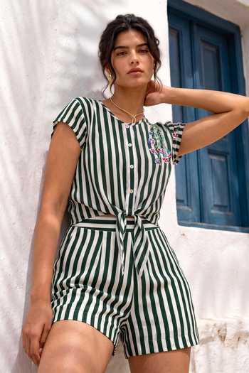 Shop Nautanky Green Crepe Round Neck Boardwalk Striped Shirt And Shorts Co-ord Set Online at Aza Fashions Shop_Nautanky_Green Crepe Round Neck Boardwalk Striped Shirt And Shorts Co-ord Set _Online_at_Aza_Fashions