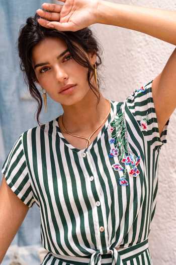 Nautanky Green Crepe Round Neck Boardwalk Striped Shirt And Shorts Co-ord Set at Aza Fashions Nautanky_Green Crepe Round Neck Boardwalk Striped Shirt And Shorts Co-ord Set _at_Aza_Fashions