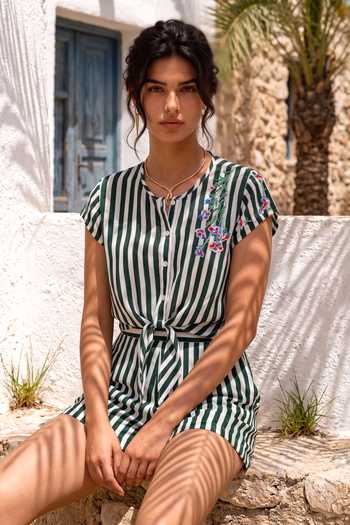 Buy Nautanky Green Crepe Round Neck Boardwalk Striped Shirt And Shorts Co-ord Set Buy_Nautanky_Green Crepe Round Neck Boardwalk Striped Shirt And Shorts Co-ord Set