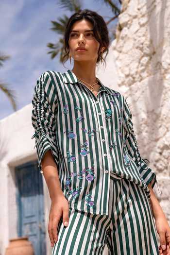 Nautanky Green Crepe Collared Neck Playful Parrot Striped Shirt And Pant Set Online at Aza Fashions Nautanky_Green Crepe Collared Neck Playful Parrot Striped Shirt And Pant Set _Online_at_Aza_Fashions