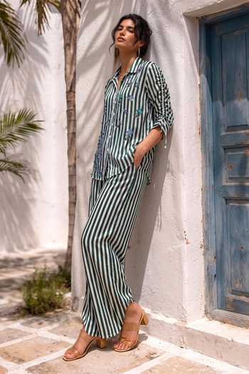 Shop Nautanky Green Crepe Collared Neck Playful Parrot Striped Shirt And Pant Set Online at Aza Fashions Shop_Nautanky_Green Crepe Collared Neck Playful Parrot Striped Shirt And Pant Set _Online_at_Aza_Fashions