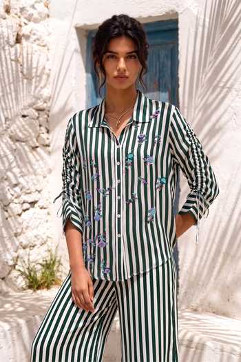 Nautanky Green Crepe Collared Neck Playful Parrot Striped Shirt And Pant Set at Aza Fashions Nautanky_Green Crepe Collared Neck Playful Parrot Striped Shirt And Pant Set _at_Aza_Fashions