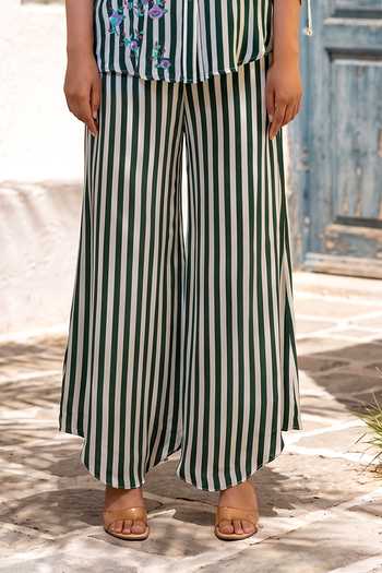 Shop Nautanky Green Crepe Collared Neck Playful Parrot Striped Shirt And Pant Set Shop_Nautanky_Green Crepe Collared Neck Playful Parrot Striped Shirt And Pant Set