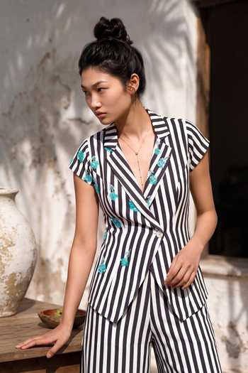 Shop_Nautanky_White Crepe V-neck Line Break Wrap Top And Pant Co-ord Set 