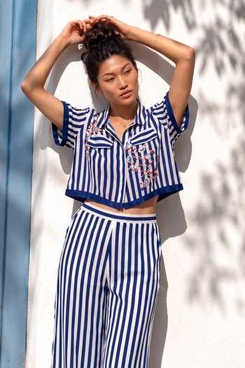 Buy Nautanky Blue Crepe Collared Neck Playfield Striped Shirt And Pant Set Online at Aza Fashions Buy_Nautanky_Blue Crepe Collared Neck Playfield Striped Shirt And Pant Set _Online_at_Aza_Fashions