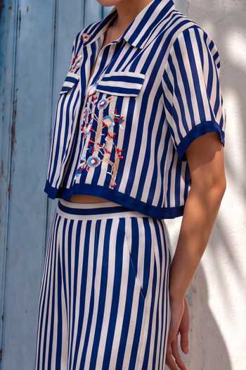 Shop Nautanky Blue Crepe Collared Neck Playfield Striped Shirt And Pant Set Online at Aza Fashions Shop_Nautanky_Blue Crepe Collared Neck Playfield Striped Shirt And Pant Set _Online_at_Aza_Fashions