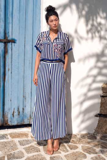 Nautanky Blue Crepe Collared Neck Playfield Striped Shirt And Pant Set at Aza Fashions Nautanky_Blue Crepe Collared Neck Playfield Striped Shirt And Pant Set _at_Aza_Fashions