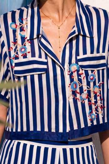Buy Nautanky Blue Crepe Collared Neck Playfield Striped Shirt And Pant Set Buy_Nautanky_Blue Crepe Collared Neck Playfield Striped Shirt And Pant Set