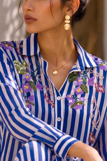 Nautanky Blue Crepe Collared Neck Token Twist Striped Shirt And Pant Set Online at Aza Fashions Nautanky_Blue Crepe Collared Neck Token Twist Striped Shirt And Pant Set _Online_at_Aza_Fashions