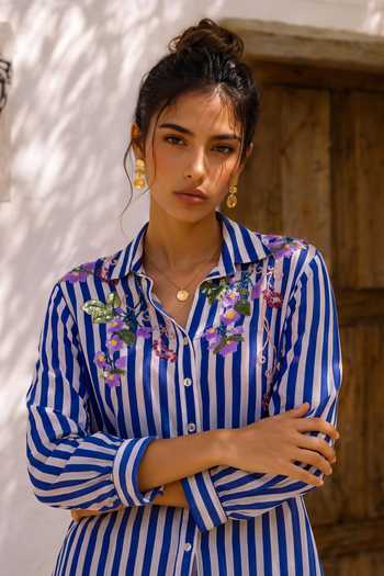 Buy Nautanky Blue Crepe Collared Neck Token Twist Striped Shirt And Pant Set Online at Aza Fashions Buy_Nautanky_Blue Crepe Collared Neck Token Twist Striped Shirt And Pant Set _Online_at_Aza_Fashions