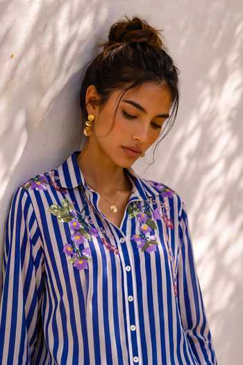 Shop Nautanky Blue Crepe Collared Neck Token Twist Striped Shirt And Pant Set Online at Aza Fashions Shop_Nautanky_Blue Crepe Collared Neck Token Twist Striped Shirt And Pant Set _Online_at_Aza_Fashions