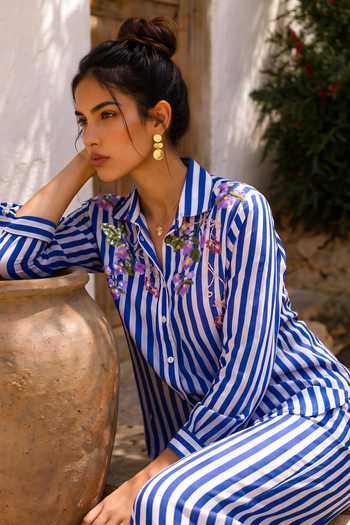 Buy Nautanky Blue Crepe Collared Neck Token Twist Striped Shirt And Pant Set Buy_Nautanky_Blue Crepe Collared Neck Token Twist Striped Shirt And Pant Set