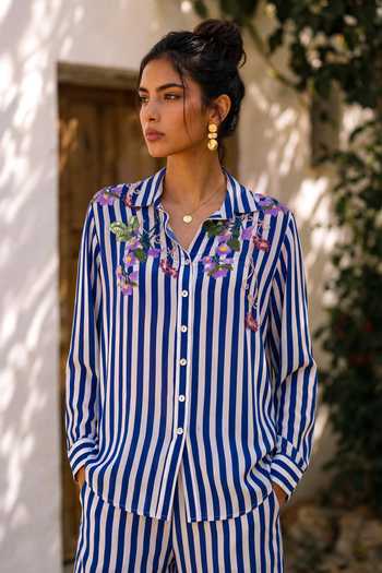 Shop Nautanky Blue Crepe Collared Neck Token Twist Striped Shirt And Pant Set Shop_Nautanky_Blue Crepe Collared Neck Token Twist Striped Shirt And Pant Set