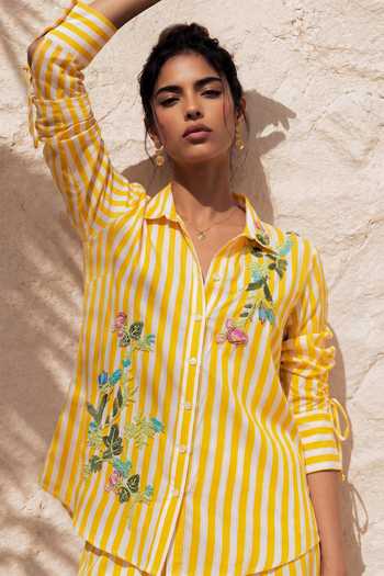 Buy Nautanky Yellow Crepe Collared Neck Game Theory Striped Shirt And Pant Set Online at Aza Fashions Buy_Nautanky_Yellow Crepe Collared Neck Game Theory Striped Shirt And Pant Set _Online_at_Aza_Fashions