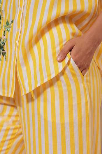 Shop Nautanky Yellow Crepe Collared Neck Game Theory Striped Shirt And Pant Set Online at Aza Fashions Shop_Nautanky_Yellow Crepe Collared Neck Game Theory Striped Shirt And Pant Set _Online_at_Aza_Fashions