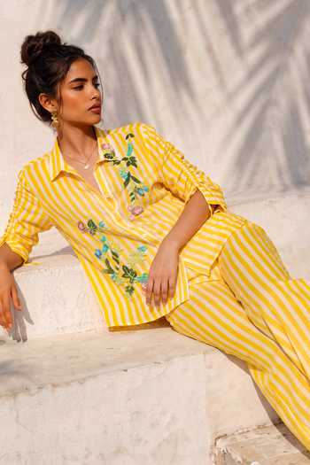 Shop Nautanky Yellow Crepe Collared Neck Game Theory Striped Shirt And Pant Set Shop_Nautanky_Yellow Crepe Collared Neck Game Theory Striped Shirt And Pant Set