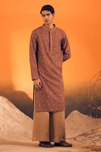 Philocaly Brown Silk, Cotton Sarv Embroidered Kurta Online at Aza Fashions Philocaly_Brown Silk, Cotton Sarv Embroidered Kurta _Online_at_Aza_Fashions