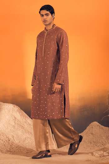 Shop Philocaly Brown Silk, Cotton Sarv Embroidered Kurta Online at Aza Fashions Shop_Philocaly_Brown Silk, Cotton Sarv Embroidered Kurta _Online_at_Aza_Fashions
