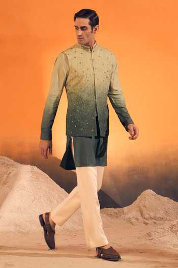 Philocaly Green Silk, Cotton Niv Ombre Kurta Online at Aza Fashions Philocaly_Green Silk, Cotton Niv Ombre Kurta _Online_at_Aza_Fashions