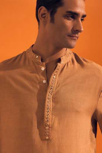 Philocaly Brown Cotton Miraya Embroidered Placket Kurta Online at Aza Fashions Philocaly_Brown Cotton Miraya Embroidered Placket Kurta _Online_at_Aza_Fashions