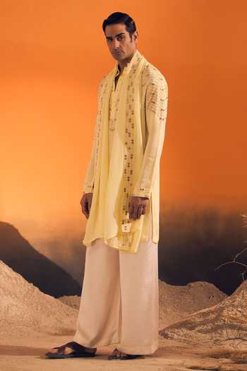 Shop Philocaly Yellow , , Zari, Mirrors Saar Embroidered Kurta With Stole Online at Aza Fashions Shop_Philocaly_Yellow , , Zari, Mirrors Saar Embroidered Kurta With Stole _Online_at_Aza_Fashions